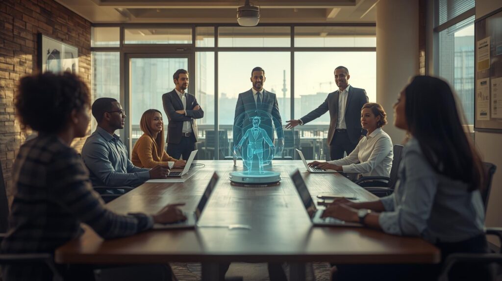 A collaborative hybrid meeting in a 2026 office featuring a mix of physically present employees and high-fidelity 3D holographic remote participants sitting at a conference table